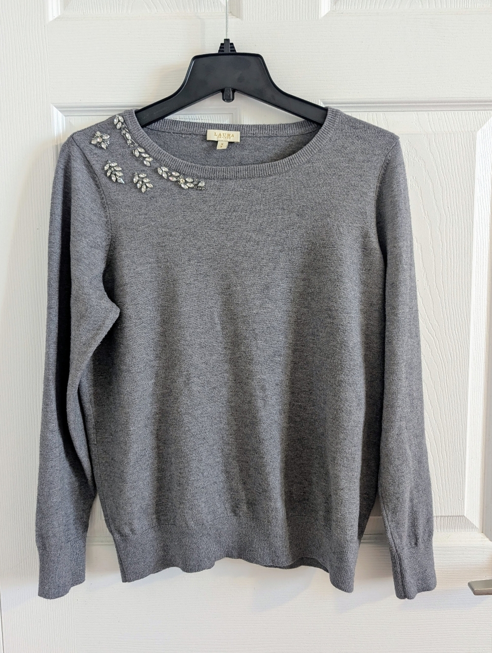 Laura Grey Knit Sweater with Crystal Embellished Neckline Office Chic Feminine M